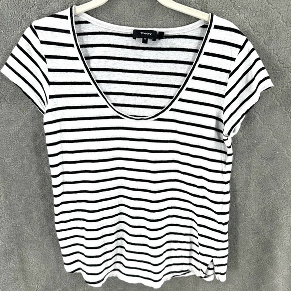 Theory Womens Easy U Navigate Stripe Linen Cotton Scoop Neck Tee Shirt Size M - Picture 2 of 8